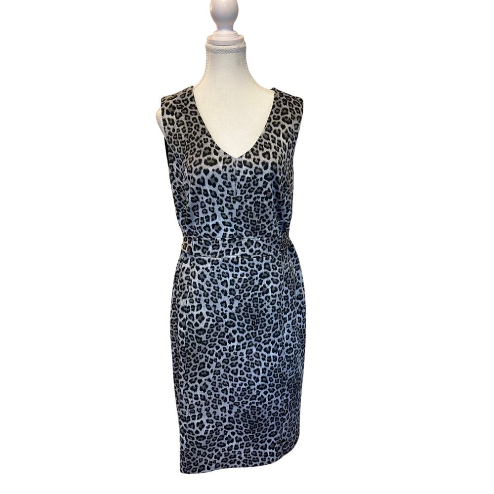 Kasper | Gray/Black Animpal Print Sleeveless Belted Waist Sheath Dress | 14